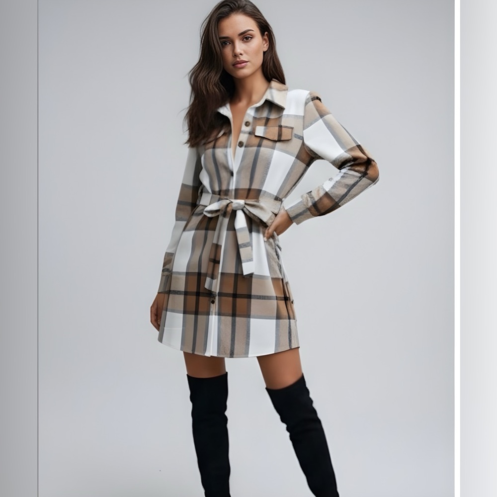 Plaid Single Breasted Belted Shirt Dress